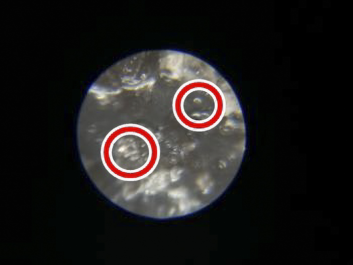 壁を90倍スコープで拡大した光触媒の銀や銅の様子です。